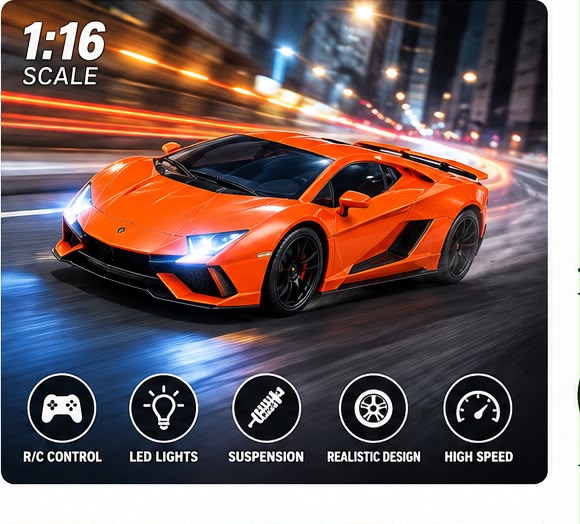 1:16 Orange Sports Car RC – Steering Wheel Control